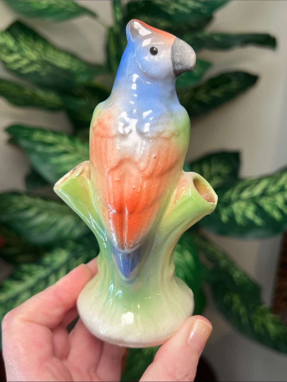 Vintage Czechoslovakia Signed 3 Hole Ceramic Parrot Flower Frog / Vase